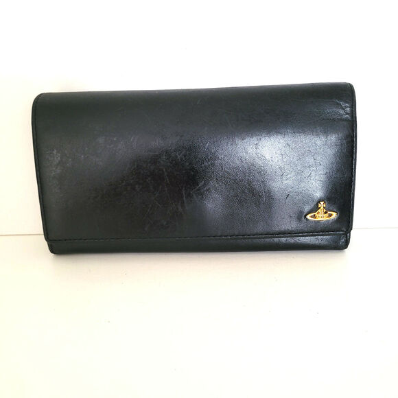 Vivienne Westwood Orbit Logo Wallet Clutch Solid Black Large Leather Envelope - Picture 1 of 13